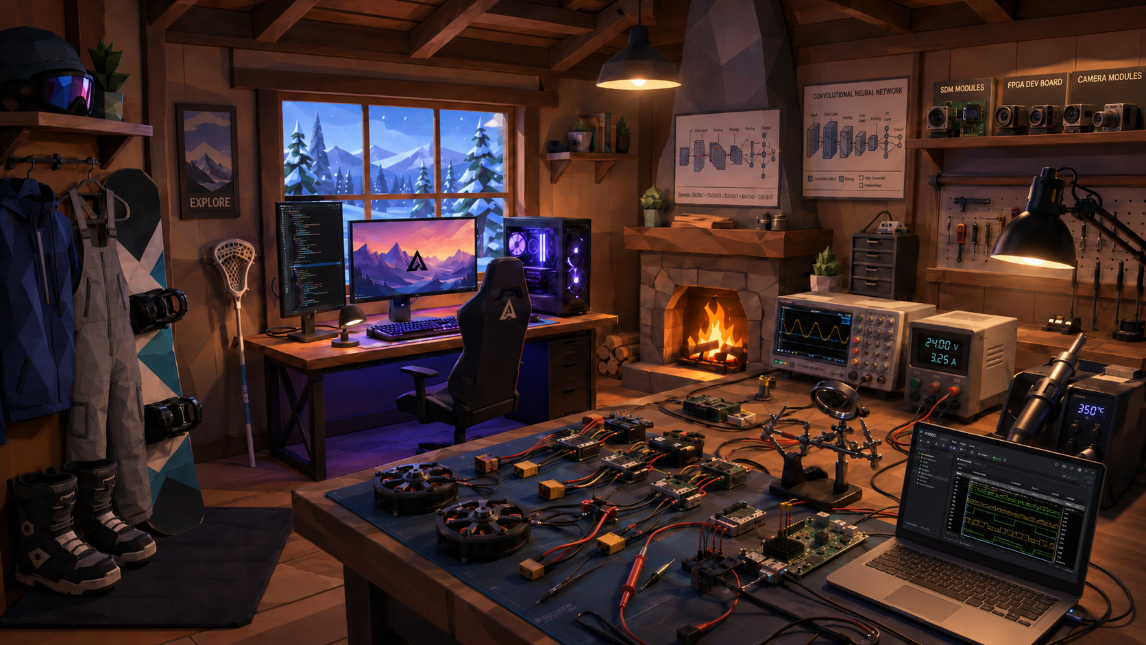 Warm engineering cabin with snowboarding gear, electronics workbench, computer vision modules, and FPGA boards.
