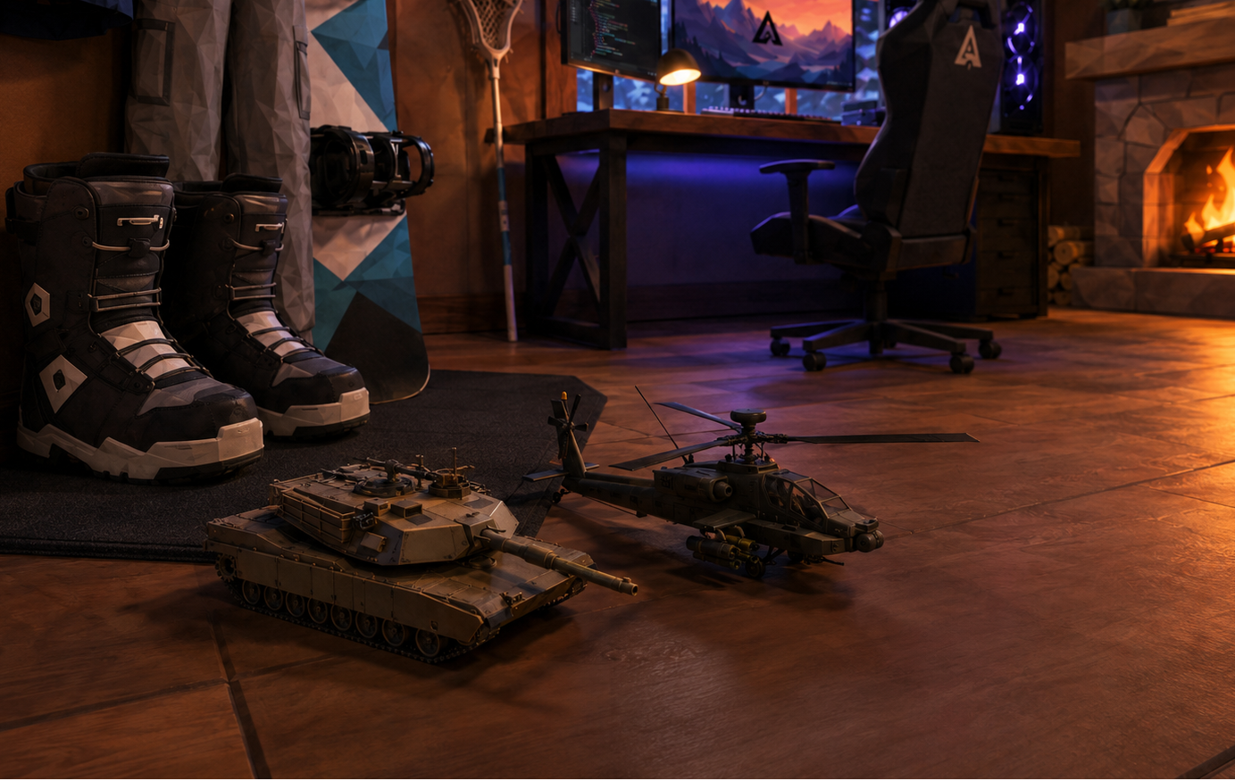 Cabin workbench scene with defense platform reference models, snowboarding gear, and engineering monitors.