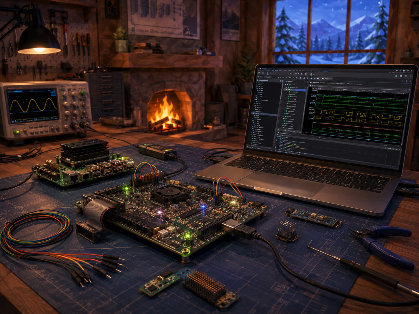 Workbench scene with FPGA-style development boards, oscilloscope, laptop waveforms, and processor debugging tools.